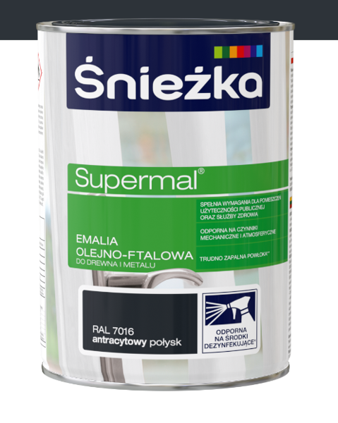 Obrazek ŚNIEŻKA Supermal® Emalia Olejno-ftalowa Połysk Ral 7016 Antracyt 0,8 L.