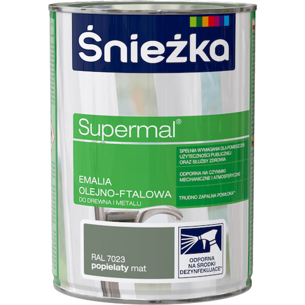 Obrazek ŚNIEŻKA Supermal® Emalia Olejno-ftalowa Mat RAL 7023 Popielaty 0,8 L.